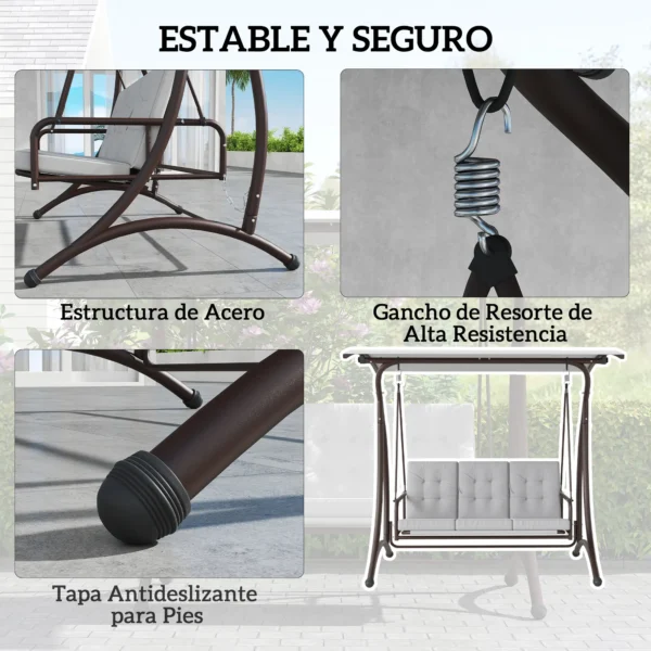 Columpio de Jardín de 3 Plazas Convertible en Cama con Toldo Ajustable UPF30+ y Cojines 200x120x175 cm Gris Claro - Imagen 5