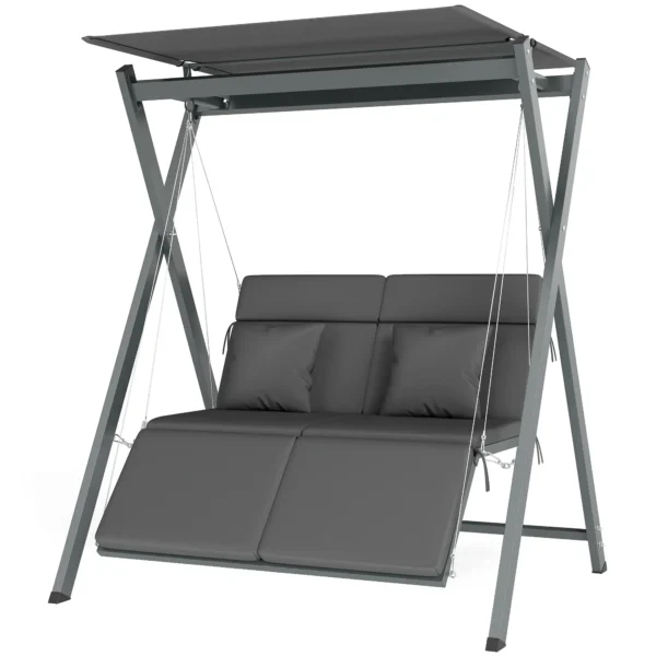 Columpio de Jardín de 2 Plazas Convertible en Cama con Toldo Ajustable UV30+ y Cojines 142x130x168 cm Gris Oscuro - Imagen 2