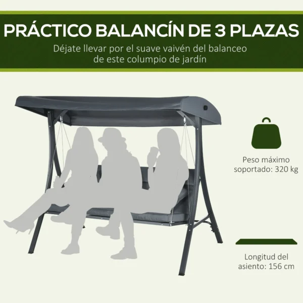 Balancín para Exterior Columpio de Jardín de 3 Plazas con Toldo Ajustable y Cojines Decorativos 202x115x168 cm Gris - Imagen 8