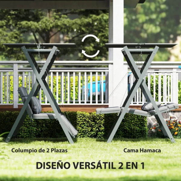 Columpio de Jardín de 2 Plazas Convertible en Cama con Toldo Ajustable UV30+ y Cojines 142x130x168 cm Gris Oscuro - Imagen 9