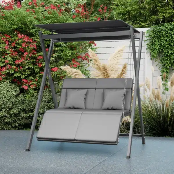 Columpio de Jardín de 2 Plazas Convertible en Cama con Toldo Ajustable UV30+ y Cojines 142x130x168 cm Gris Oscuro - Imagen 4