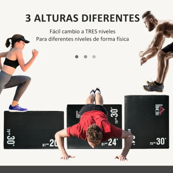 Cajón de Salto 3 en 1 con Cremallera y 3 Alturas Diferentes Carga 120 kg para Casa Oficina Gimnasia 75x51x61 cm Negro - Imagen 6