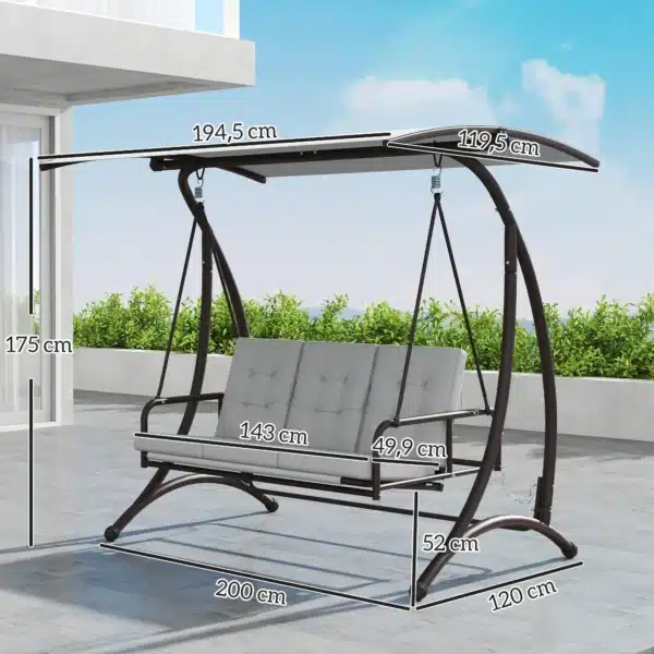 Columpio de Jardín de 3 Plazas Convertible en Cama con Toldo Ajustable UPF30+ y Cojines 200x120x175 cm Gris Claro - Imagen 9