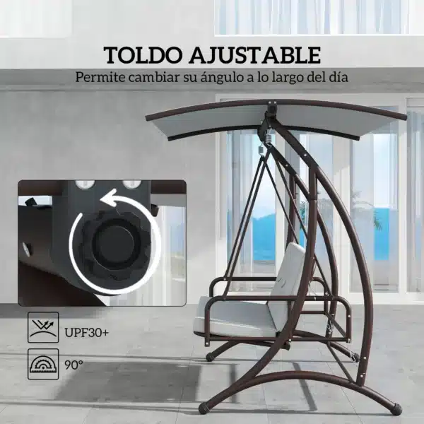Columpio de Jardín de 3 Plazas Convertible en Cama con Toldo Ajustable UPF30+ y Cojines 200x120x175 cm Gris Claro - Imagen 7