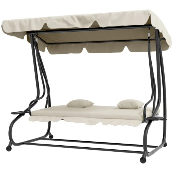 Balancín de Jardín Exterior de 3 Plazas Convertible en Cama con Toldo Ajustable y 2 Almohadas Carga 340 kg Crema - Imagen 2