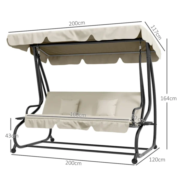 Balancín de Jardín Exterior de 3 Plazas Convertible en Cama con Toldo Ajustable y 2 Almohadas Carga 340 kg Crema - Imagen 10