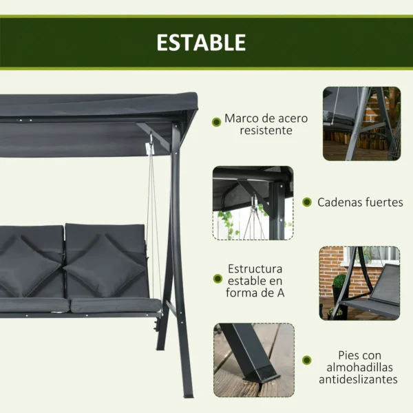Balancín para Exterior Columpio de Jardín de 3 Plazas con Toldo Ajustable y Cojines Decorativos 202x115x168 cm Gris - Imagen 5