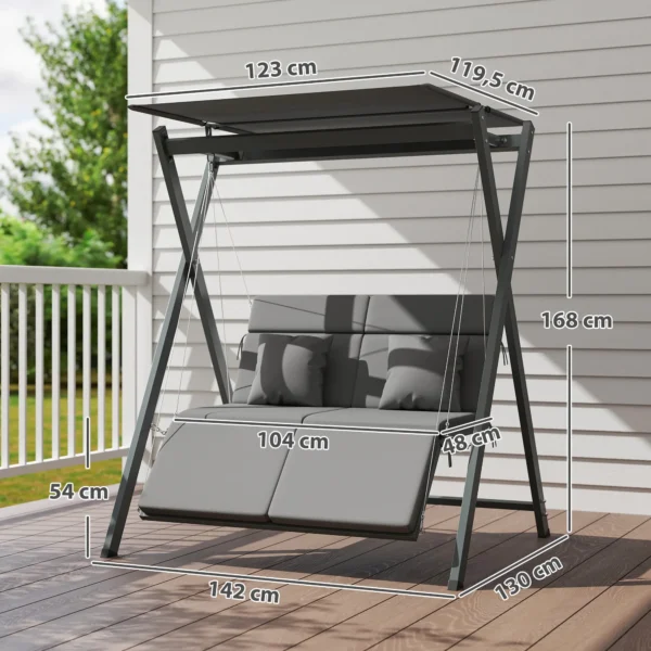 Columpio de Jardín de 2 Plazas Convertible en Cama con Toldo Ajustable UV30+ y Cojines 142x130x168 cm Gris Oscuro - Imagen 10