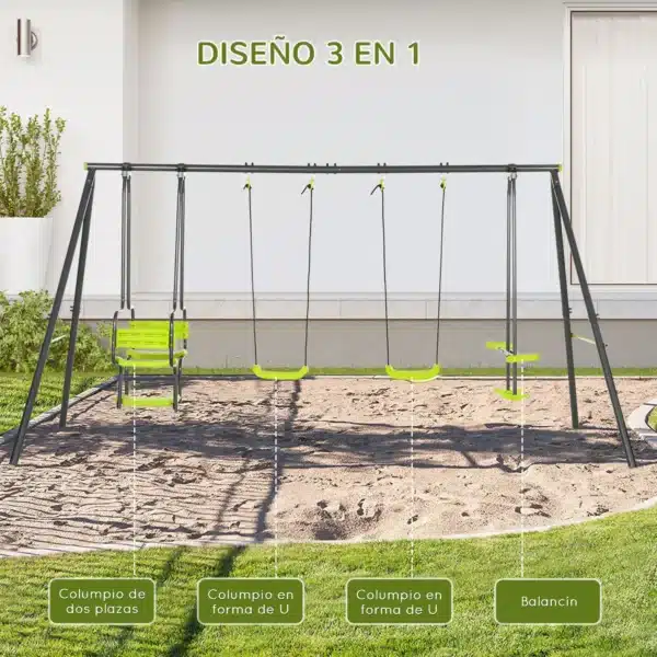 Columpio Infantil para Exterior con 6 Asientos con Marco de Acero para +3 Años 355x184x186 cm Verde - Imagen 8