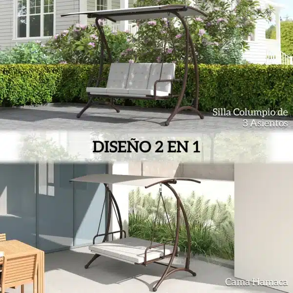 Columpio de Jardín de 3 Plazas Convertible en Cama con Toldo Ajustable UPF30+ y Cojines 200x120x175 cm Gris Claro - Imagen 8