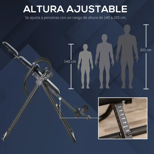 Mesa de inversión plegable Gravity Trainer con dos ruedas móviles Almohadilla trasera ajustable Metal ABS negro+azul 132 x 71 x 145 cm - Imagen 4