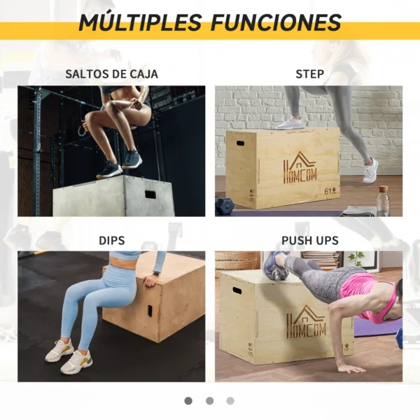 Cajón de Salto de Madera 3 en 1 con 2 Mango Hueco Carga 120 kg para Casa Oficina Gimnasia 61x51x76 cm Madera Natural - Imagen 5