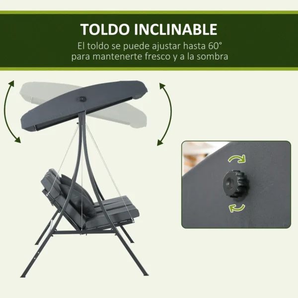 Balancín para Exterior Columpio de Jardín de 3 Plazas con Toldo Ajustable y Cojines Decorativos 202x115x168 cm Gris - Imagen 7