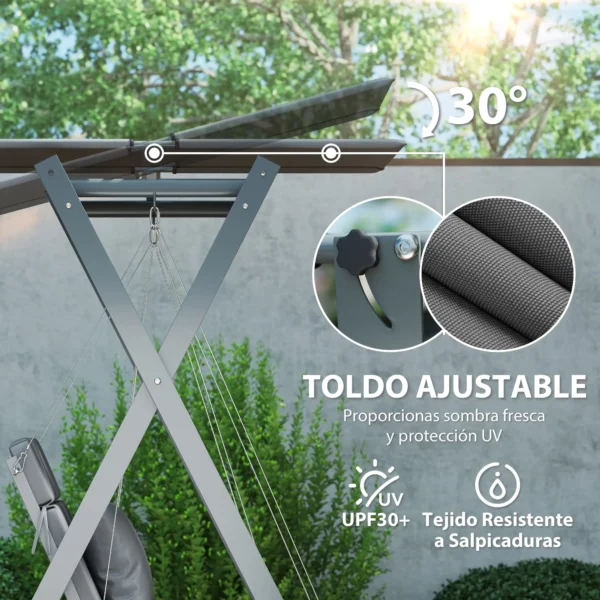 Columpio de Jardín de 2 Plazas Convertible en Cama con Toldo Ajustable UV30+ y Cojines 142x130x168 cm Gris Oscuro - Imagen 8