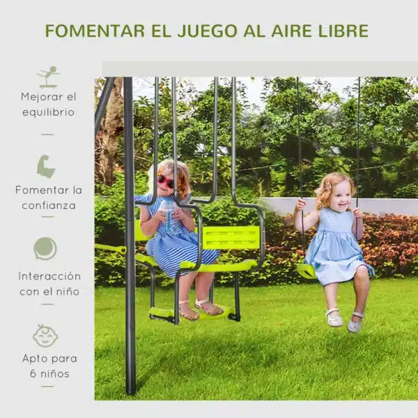 Columpio Infantil para Exterior con 6 Asientos con Marco de Acero para +3 Años 355x184x186 cm Verde - Imagen 7