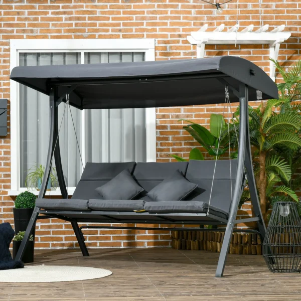 Balancín para Exterior Columpio de Jardín de 3 Plazas con Toldo Ajustable y Cojines Decorativos 202x115x168 cm Gris - Imagen 10