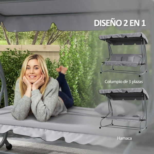 Balancín de Jardín Exterior de 3 Plazas Convertible en Cama con Toldo Ajustable y 2 Almohadas Carga 340 kg Gris 4.6 - Imagen 8