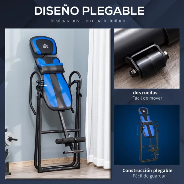 Mesa de inversión plegable Gravity Trainer con dos ruedas móviles Almohadilla trasera ajustable Metal ABS negro+azul 132 x 71 x 145 cm - Imagen 7