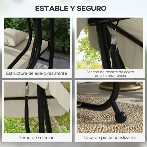 Balancín de Jardín Exterior de 3 Plazas Convertible en Cama con Toldo Ajustable y 2 Almohadas Carga 340 kg Crema - Imagen 7