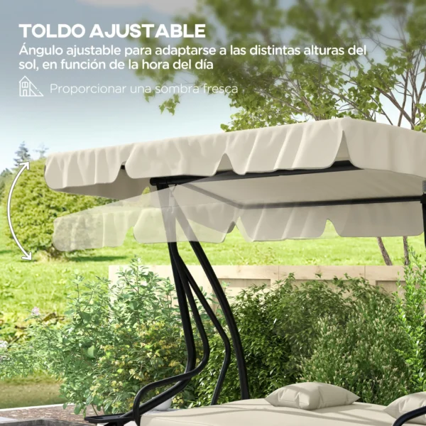 Balancín de Jardín Exterior de 3 Plazas Convertible en Cama con Toldo Ajustable y 2 Almohadas Carga 340 kg Crema - Imagen 8