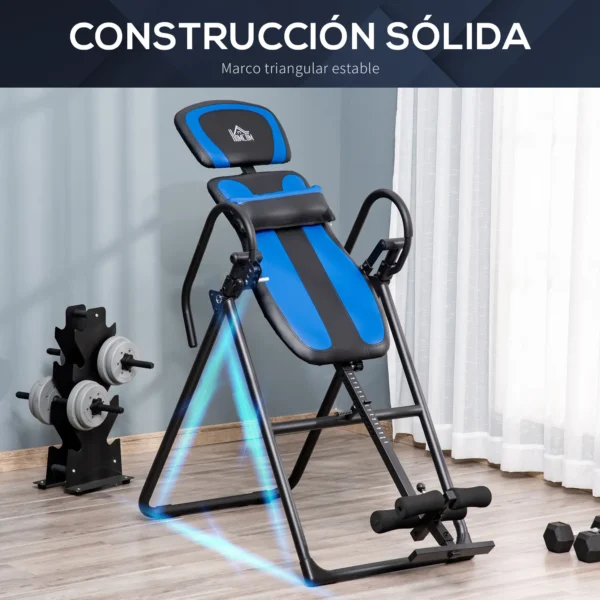 Mesa de inversión plegable Gravity Trainer con dos ruedas móviles Almohadilla trasera ajustable Metal ABS negro+azul 132 x 71 x 145 cm - Imagen 5