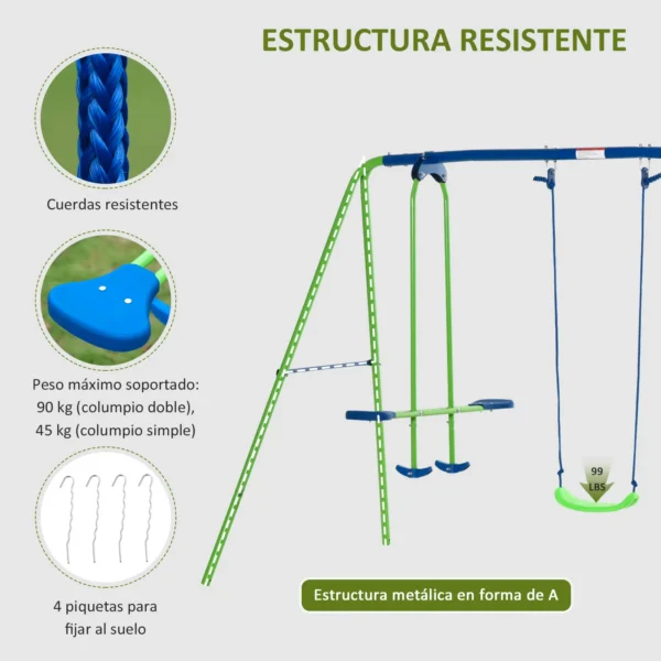 Juego de Columpios de Jardín de Metal con Altura Ajustable 2 Columpios y Balancín 280x140x178 cm Verde y Azul - Imagen 7