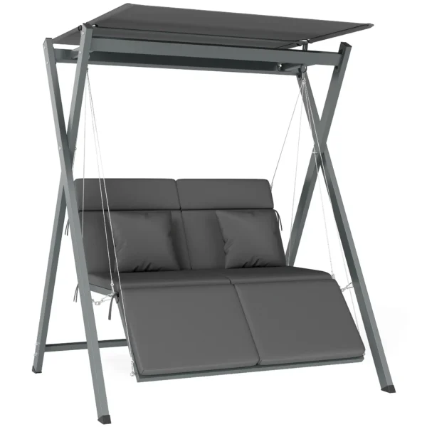 Columpio de Jardín de 2 Plazas Convertible en Cama con Toldo Ajustable UV30+ y Cojines 142x130x168 cm Gris Oscuro - Imagen 3