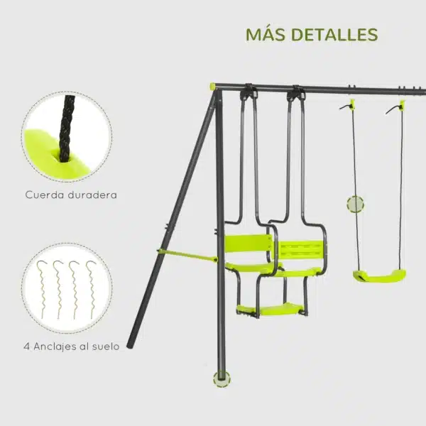 Columpio Infantil para Exterior con 6 Asientos con Marco de Acero para +3 Años 355x184x186 cm Verde - Imagen 5