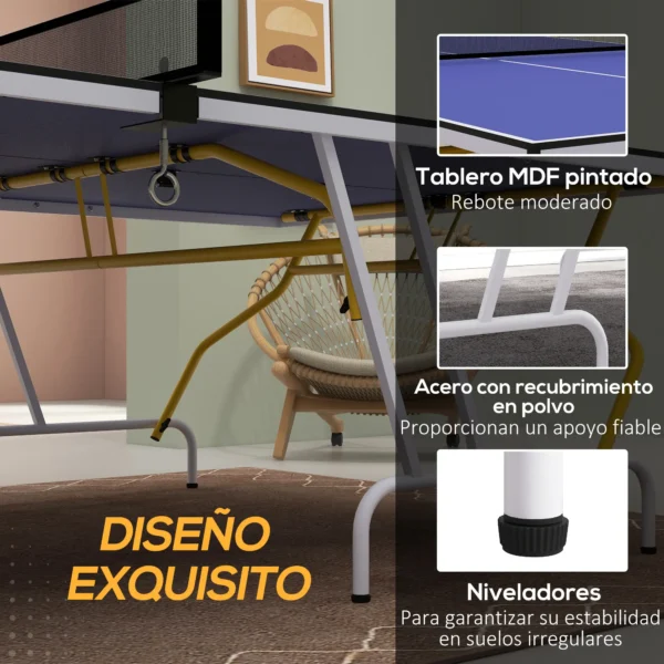 Mesa de Ping Pong Plegable Mesa de Tenis de Mesa Diseño Compacto con Red y Reposapiés Ajustables 274x152,5x76 cm Azul - Imagen 6