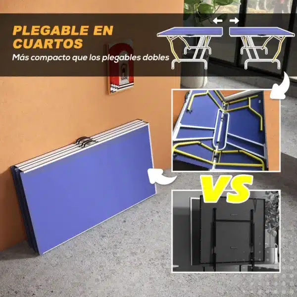 Mesa de Ping Pong Plegable Mesa de Tenis de Mesa Diseño Compacto con Red y Reposapiés Ajustables 274x152,5x76 cm Azul - Imagen 8