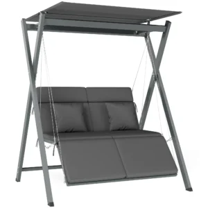 Columpio de Jardín de 2 Plazas Convertible en Cama con Toldo Ajustable UV30+ y Cojines 142x130x168 cm Gris Oscuro
