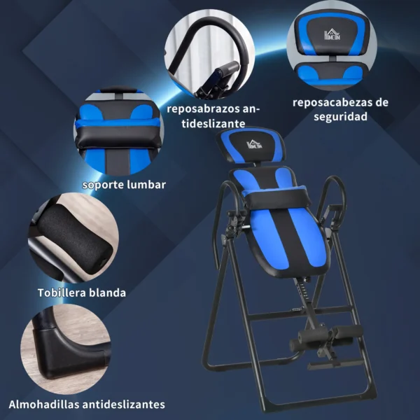 Mesa de inversión plegable Gravity Trainer con dos ruedas móviles Almohadilla trasera ajustable Metal ABS negro+azul 132 x 71 x 145 cm - Imagen 6