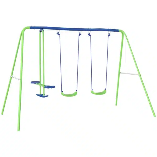 Juego de Columpios de Jardín de Metal con Altura Ajustable 2 Columpios y Balancín 280x140x178 cm Verde y Azul