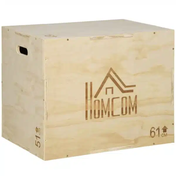 Cajón de Salto de Madera 3 en 1 con 2 Mango Hueco Carga 120 kg para Casa Oficina Gimnasia 61x51x76 cm Madera Natural