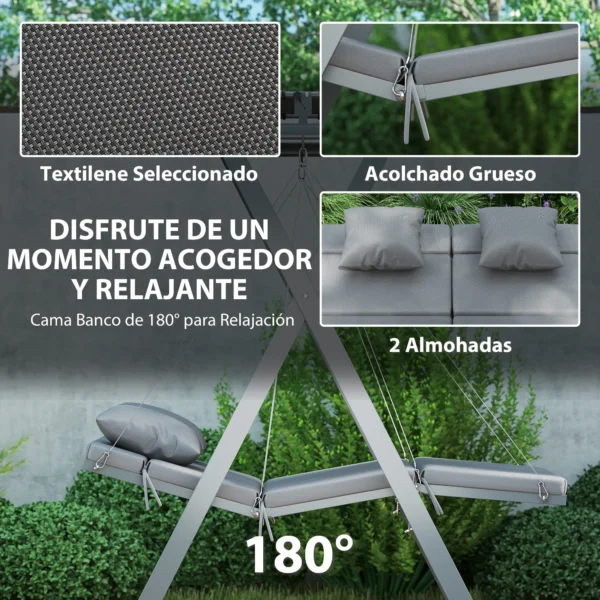 Columpio de Jardín de 2 Plazas Convertible en Cama con Toldo Ajustable UV30+ y Cojines 142x130x168 cm Gris Oscuro - Imagen 7
