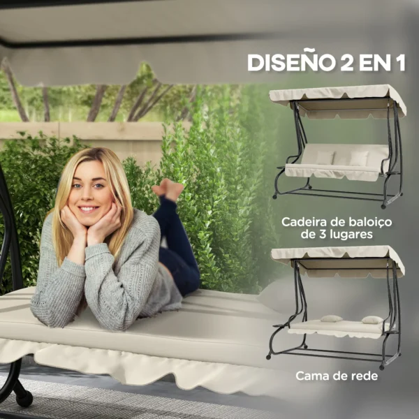 Balancín de Jardín Exterior de 3 Plazas Convertible en Cama con Toldo Ajustable y 2 Almohadas Carga 340 kg Crema - Imagen 9