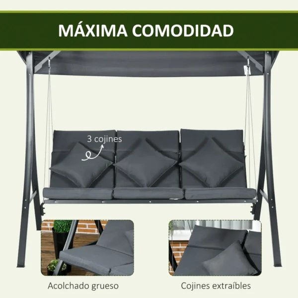 Balancín para Exterior Columpio de Jardín de 3 Plazas con Toldo Ajustable y Cojines Decorativos 202x115x168 cm Gris - Imagen 6