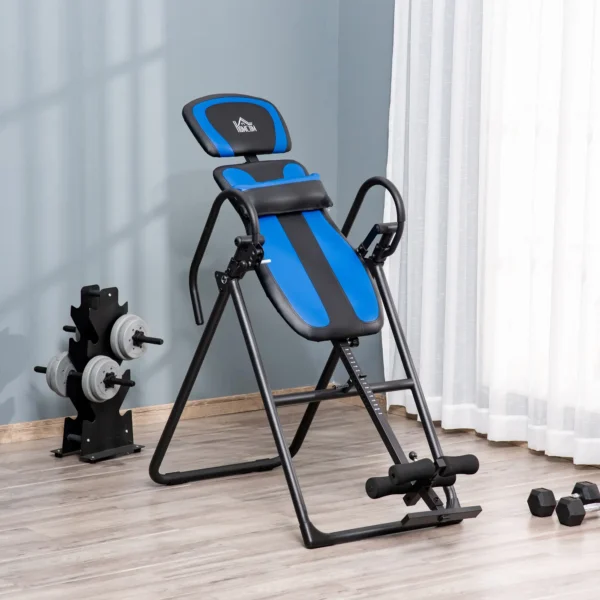 Mesa de inversión plegable Gravity Trainer con dos ruedas móviles Almohadilla trasera ajustable Metal ABS negro+azul 132 x 71 x 145 cm - Imagen 9