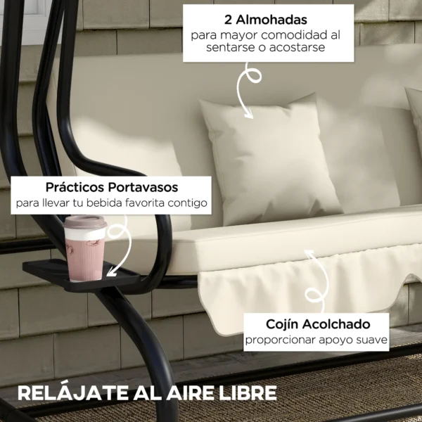 Balancín de Jardín Exterior de 3 Plazas Convertible en Cama con Toldo Ajustable y 2 Almohadas Carga 340 kg Crema - Imagen 6