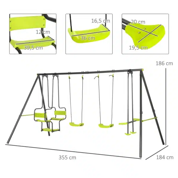 Columpio Infantil para Exterior con 6 Asientos con Marco de Acero para +3 Años 355x184x186 cm Verde - Imagen 9