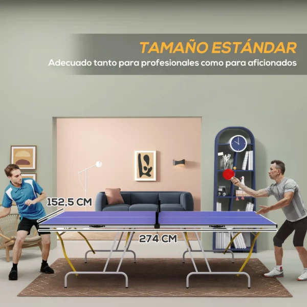Mesa de Ping Pong Plegable Mesa de Tenis de Mesa Diseño Compacto con Red y Reposapiés Ajustables 274x152,5x76 cm Azul - Imagen 7