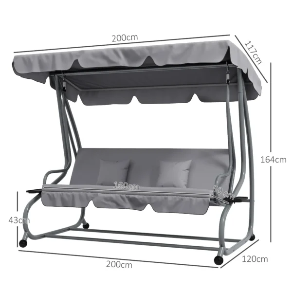 Balancín de Jardín Exterior de 3 Plazas Convertible en Cama con Toldo Ajustable y 2 Almohadas Carga 340 kg Gris 4.6 - Imagen 9