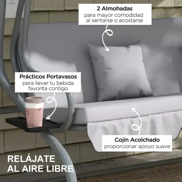 Balancín de Jardín Exterior de 3 Plazas Convertible en Cama con Toldo Ajustable y 2 Almohadas Carga 340 kg Gris 4.6 - Imagen 5