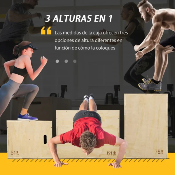 Cajón de Salto de Madera 3 en 1 con 2 Mango Hueco Carga 120 kg para Casa Oficina Gimnasia 61x51x76 cm Madera Natural - Imagen 8