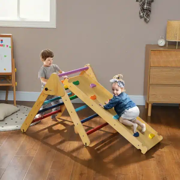 Triángulo de Escalada de Madera 3 en 1 con Rampa para Deslizarse o Escalar 147x64,5x63 cm Multicolor 5 - Imagen 10