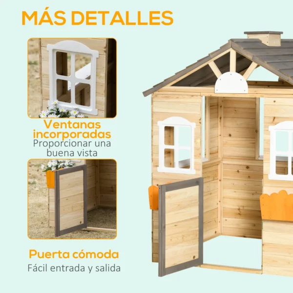 Casita Infantil de Juegos Exterior para Niños de 3 -7 Años con Ventanas 2 Jardineras y 1 Banco 113x94x134,5 cm Natural - Imagen 6