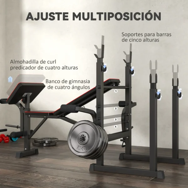 Banco de Pesas con Soportes para Barra y Respaldo Ajustable para Entrenamiento Completos de Cuerpo Negro - Imagen 6