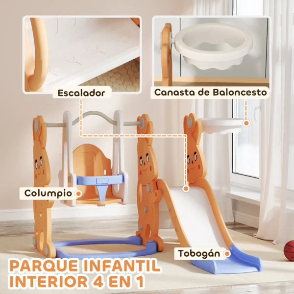 Tobogán Infantil con Columpio con Barandilla y Canasta 4 en 1 para Niños de +18 Meses 147,5x160x107 cm Naranja - Imagen 9