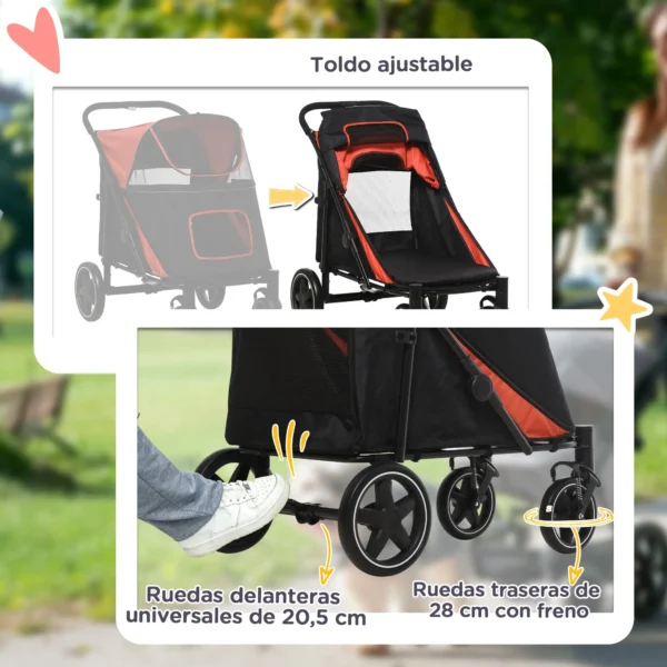 Cochecito para Perros Plegable Carrito para Mascotas con Ventanas de Malla Correas de Seguridad 112x65x100 cm Rojo - Imagen 7
