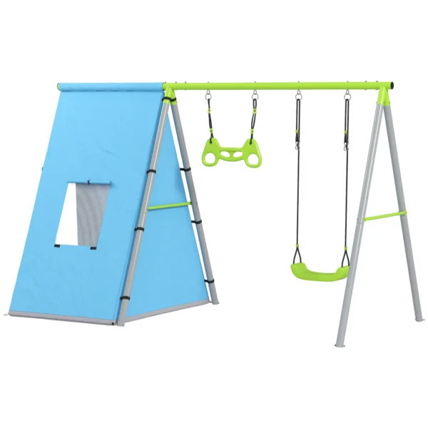 Columpio Infantil 3 en 1 con Tienda Anillas y Altura Ajustable para Niños de 3-8 Años Estructura Metálica 283x180x182 cm